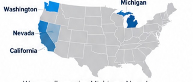 Map highlighting Washington, California, Nevada and Michigan